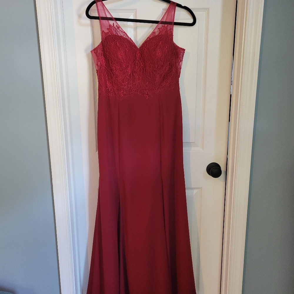 Azazie Burgundy V-Neck Lace Bodice Evening Gown - Picture 2 of 8